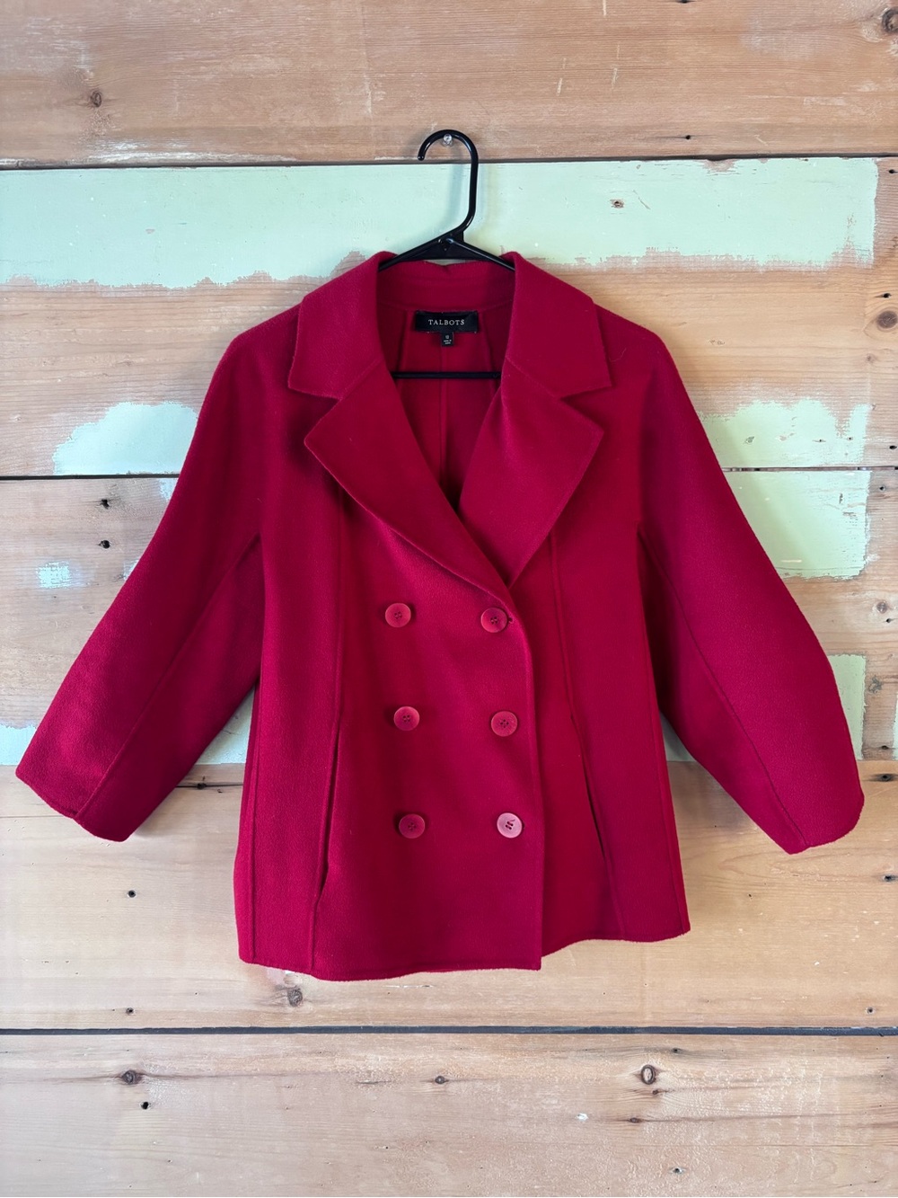Talbots Red Double-Breasted Pea Coat with Notched Lapels